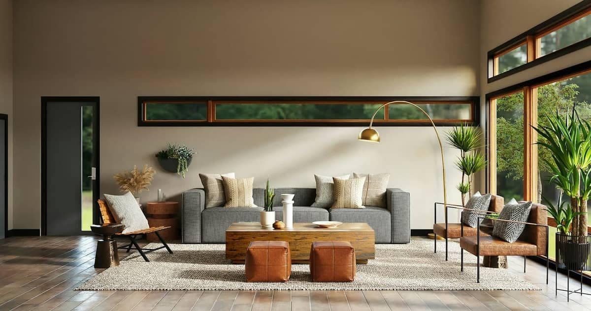 Calm modern living room with layered textiles and soft natural light