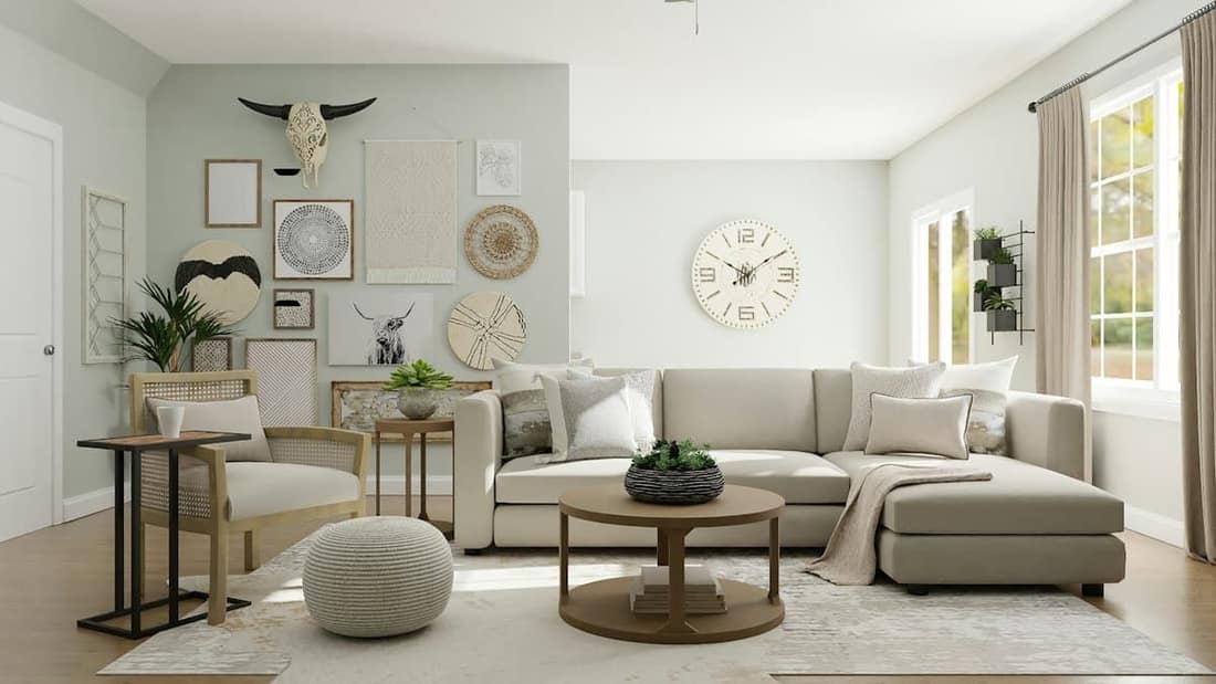 Styled interior corner with seating and layered materials